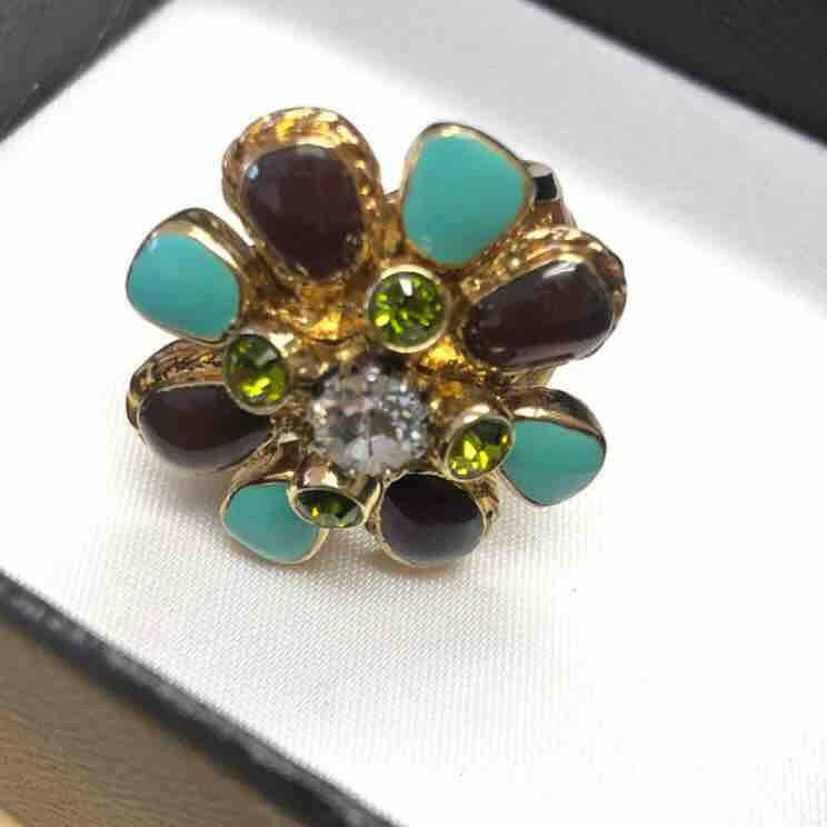 Chanel Vintage Floral Ring with Box - Size 5.5-6, Gold Green Brown Flower Design.