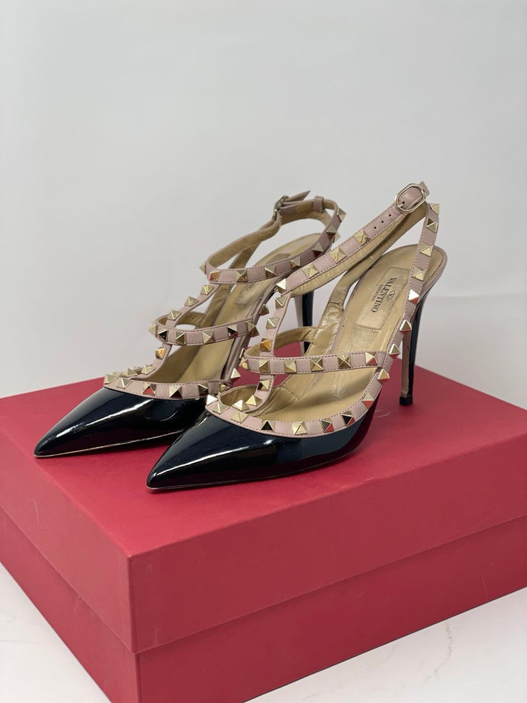 Valentino Rockstud Black Leather Heel Shoes Size 38.