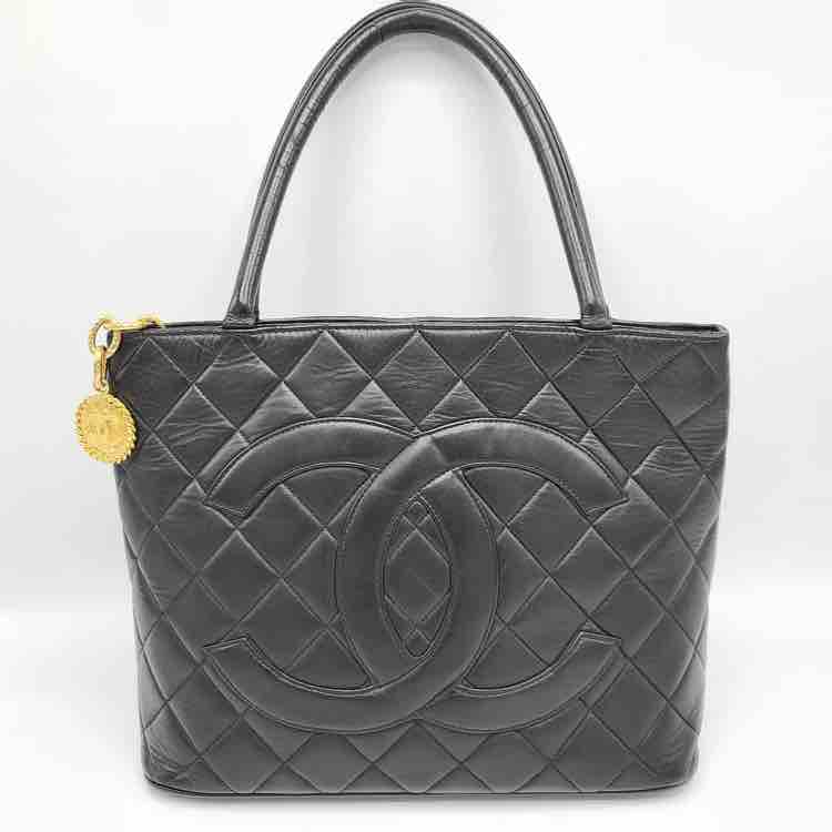 Chanel Black Quilted Leather Medallion Tote Bag Large Size.