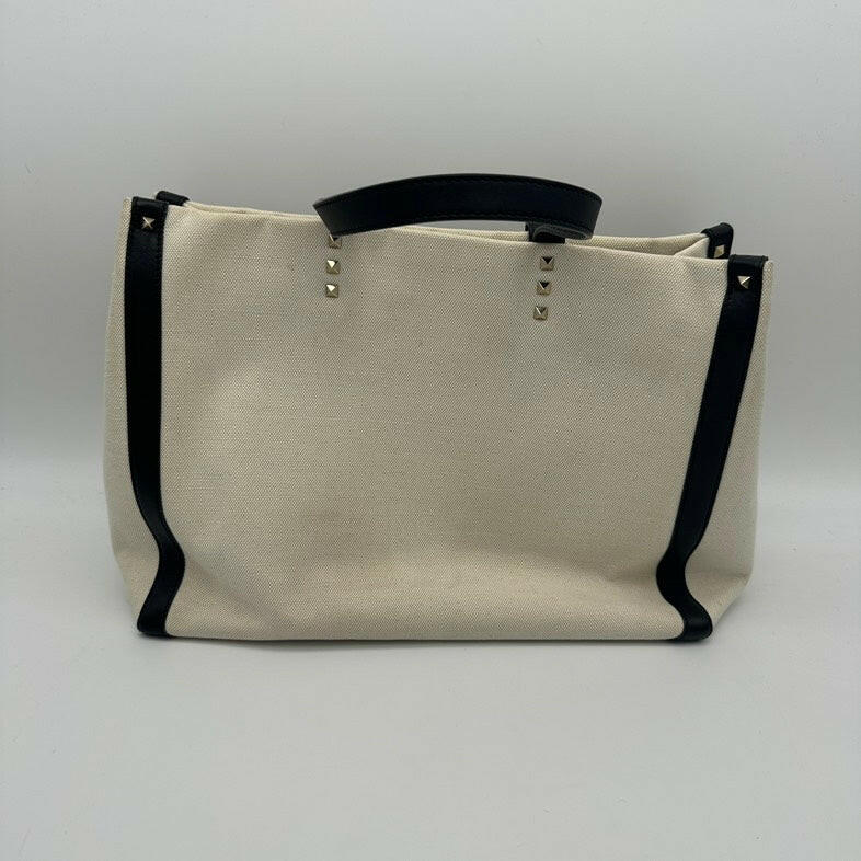 Valentino VLTN Beige Canvas Large Tote Bag with Black Straps.