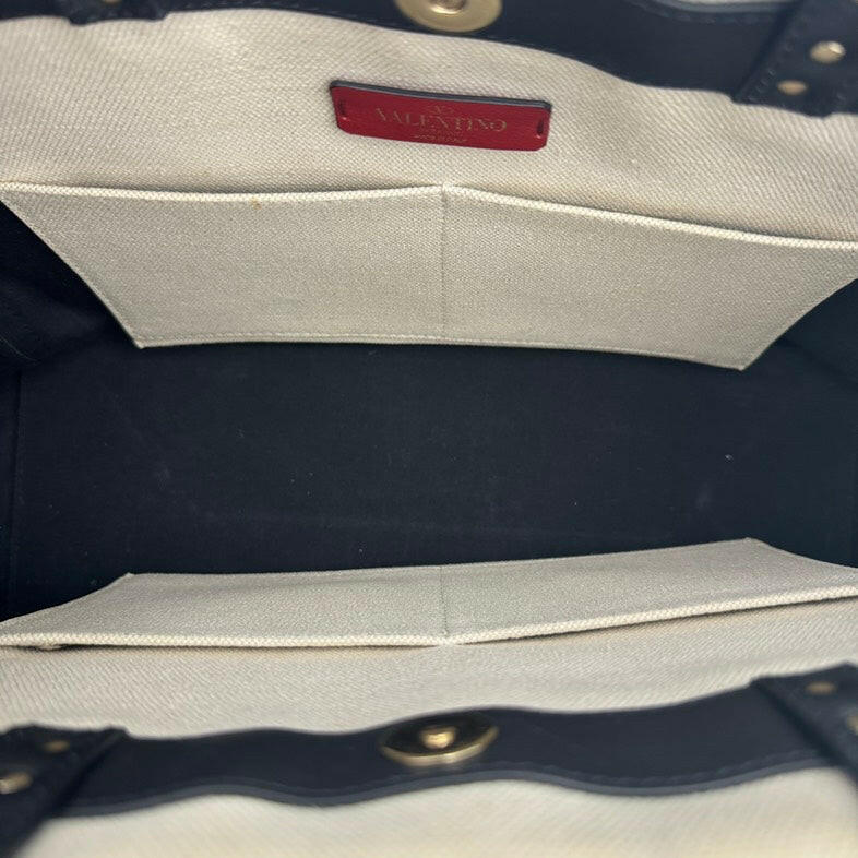 Valentino VLTN Beige Canvas Large Tote Bag with Black Straps.