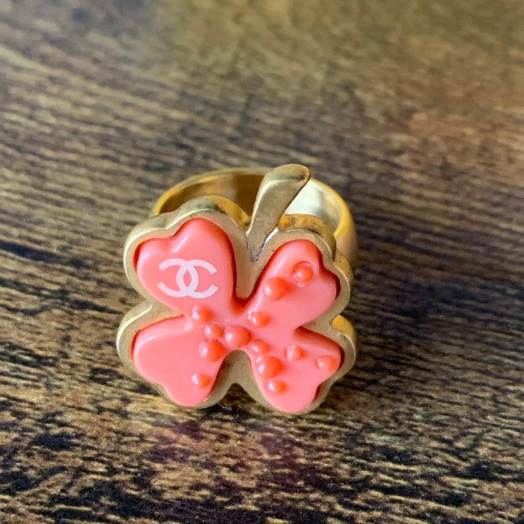 Chanel Gold Clover Ring with Pink Enamel Flower Size 6.