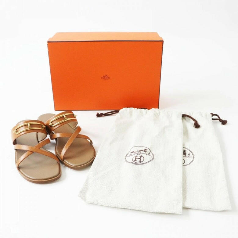 Hermes Claire Tan Leather Slipper Size 37.5 with Box and Dustbag.