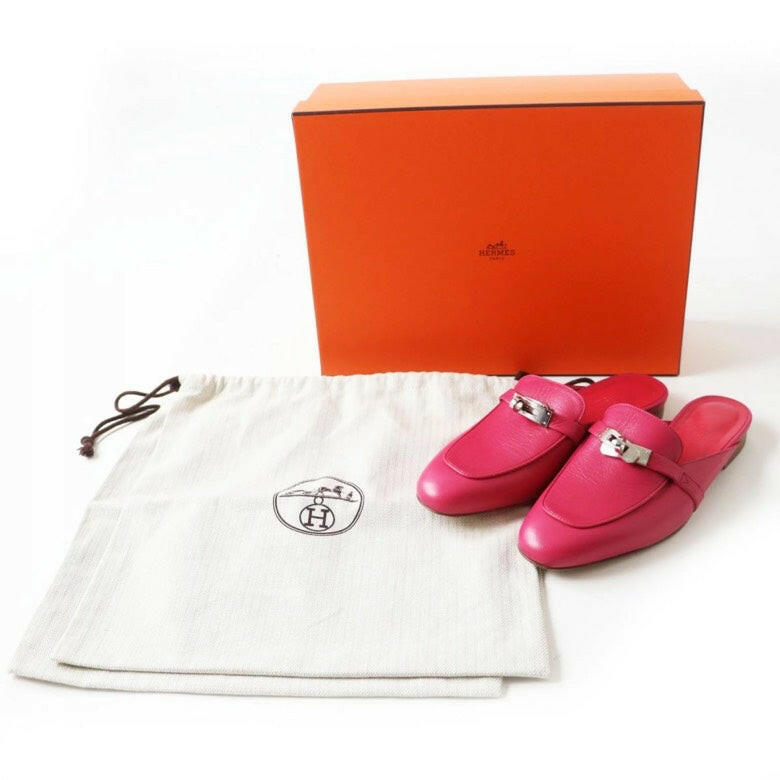 Hermes Oz Leather Mules Fuchsia Pink Size 37 1/2 with Box and Dustbag.