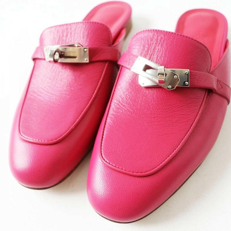 Hermes Oz Leather Mules Fuchsia Pink Size 37 1/2 with Box and Dustbag.