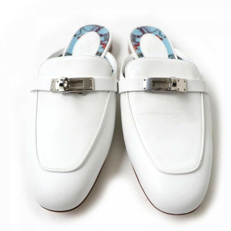 Hermes Oz White Leather Mules Size 38 with Dustbag.