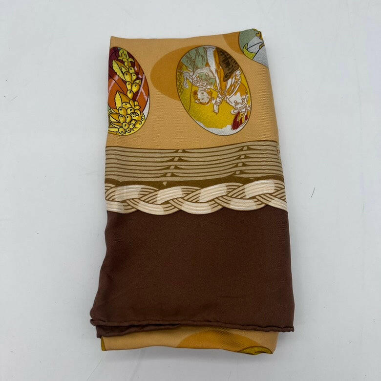 Hermes Silk Scarf Beige and Brown Patterned 35x35 inches.