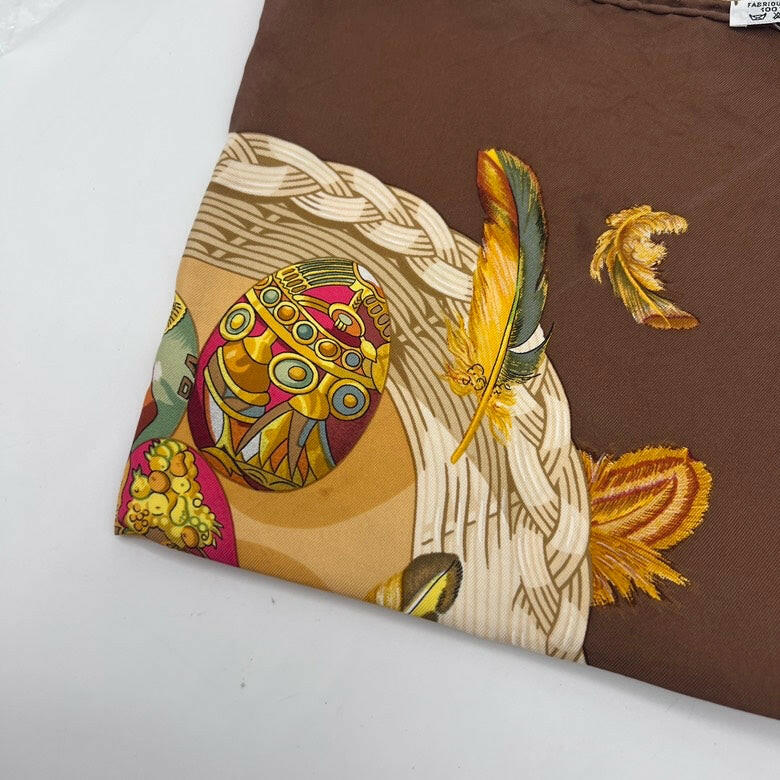 Hermes Silk Scarf Beige and Brown Patterned 35x35 inches.