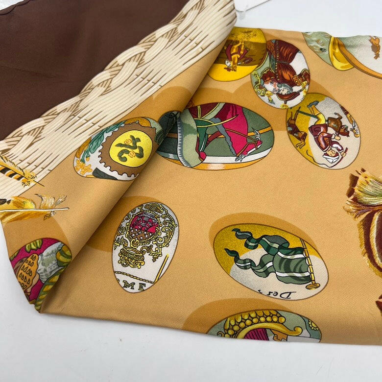 Hermes Silk Scarf Beige and Brown Patterned 35x35 inches.