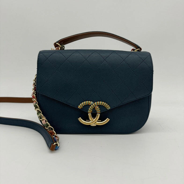 Chanel Navy Blue Leather Quilted Crossbody Bag with Chain Strap.