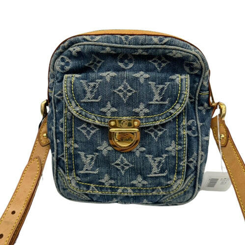 Louis Vuitton Monogram Denim Crossbody Bag - Blue, Compact Size, Adjustable Strap.