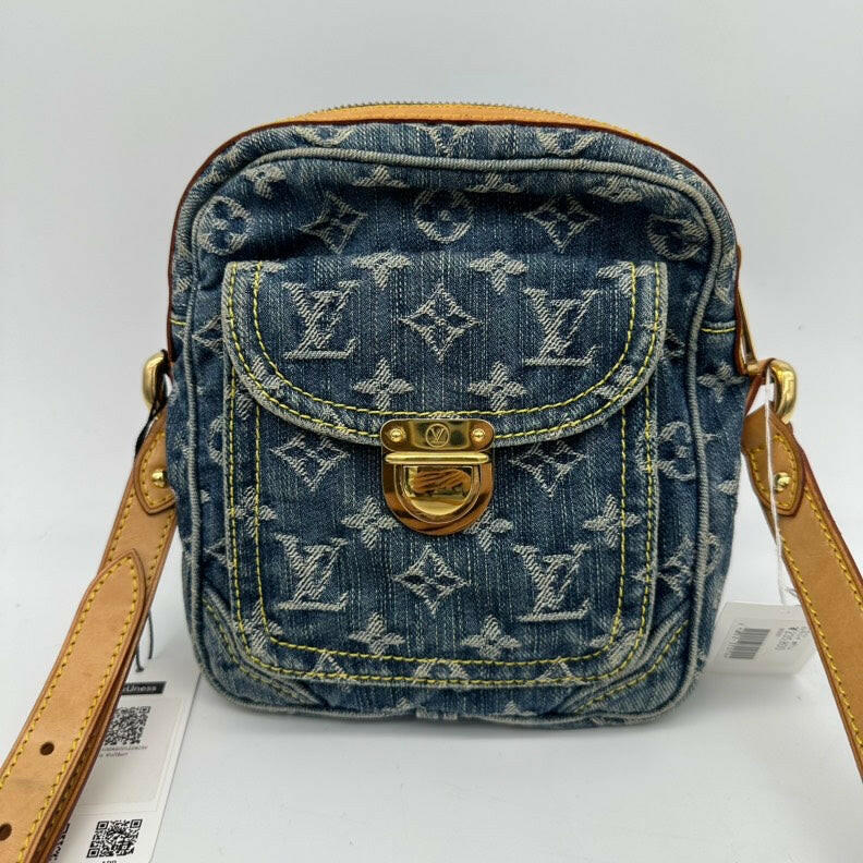 Louis Vuitton Monogram Denim Crossbody Bag - Blue, Compact Size, Adjustable Strap.