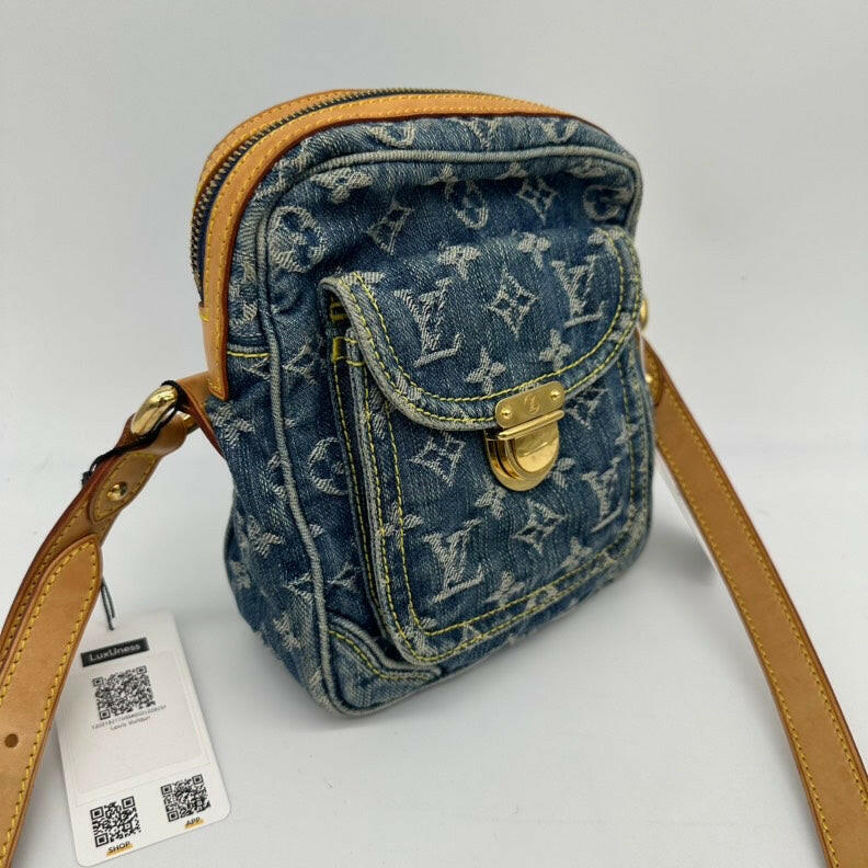 Louis Vuitton Monogram Denim Crossbody Bag - Blue, Compact Size, Adjustable Strap.