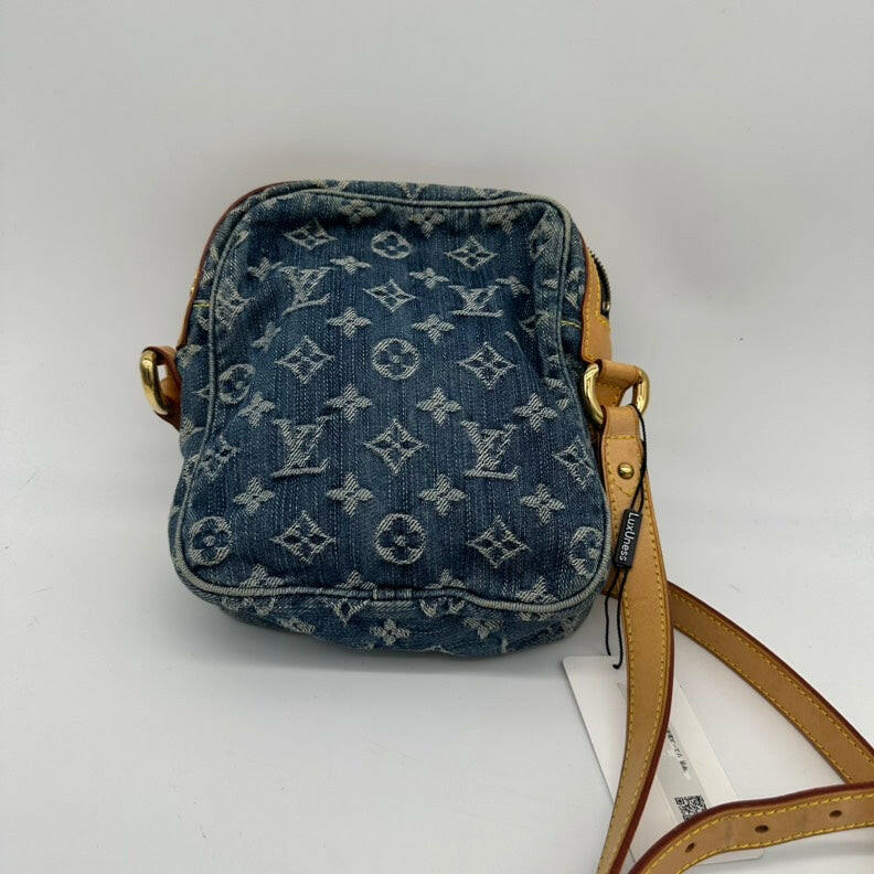 Louis Vuitton Monogram Denim Crossbody Bag - Blue, Compact Size, Adjustable Strap.