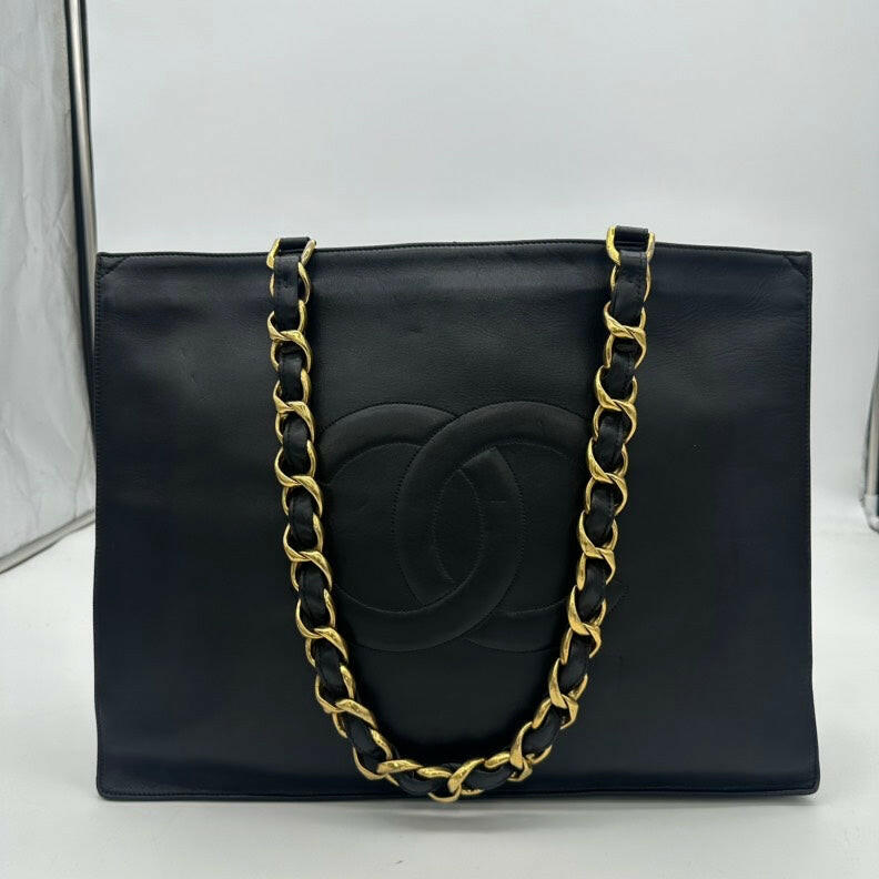 Chanel Black Lambskin Chain Tote Bag - Medium Size.