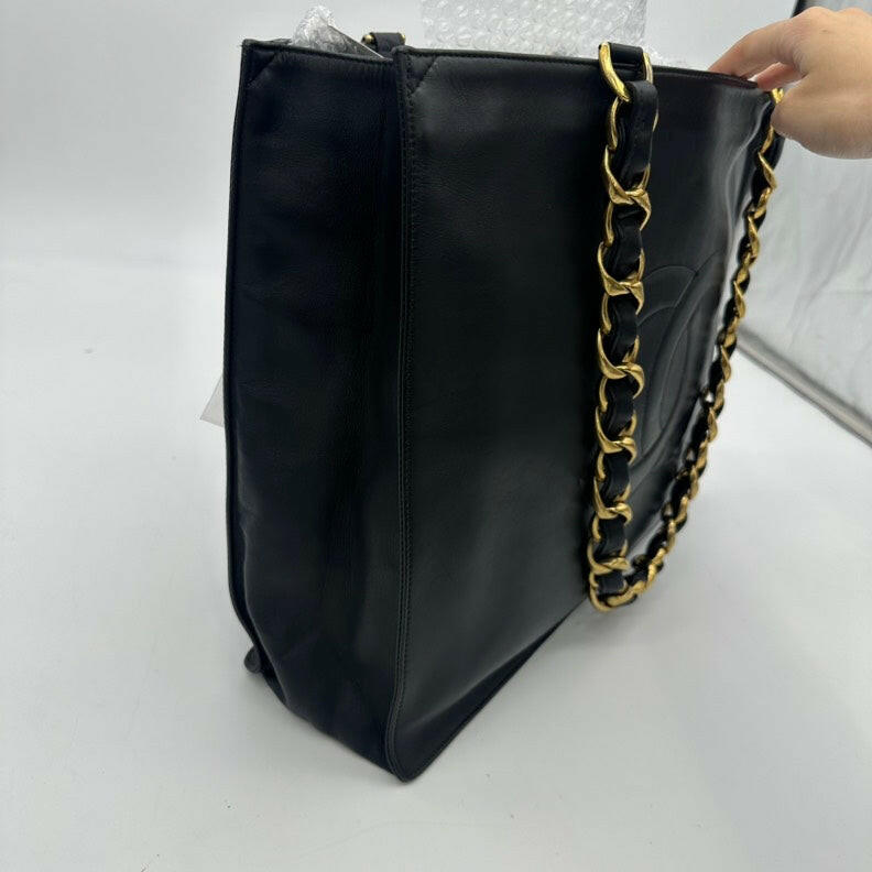 Chanel Black Lambskin Chain Tote Bag - Medium Size.