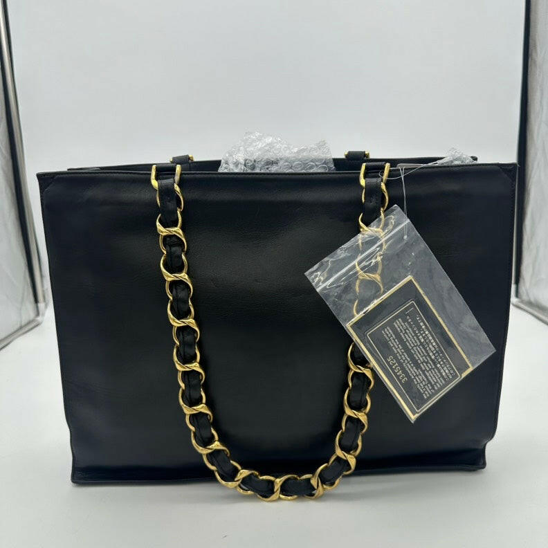 Chanel Black Lambskin Chain Tote Bag - Medium Size.