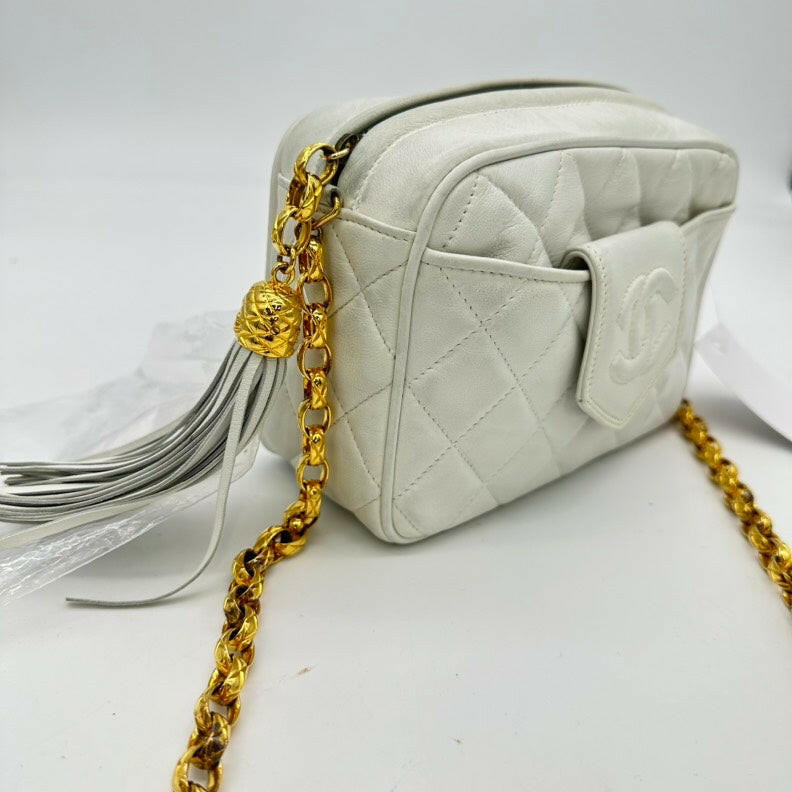 Vintage Chanel White Lambskin Quilted Camera Chain Bag.