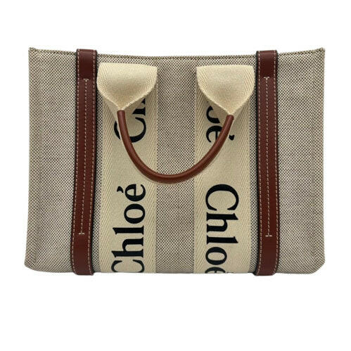 Chloe Woody Tote Bag Small Beige with Brown Leather Trim.