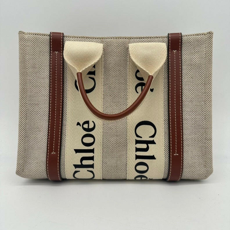 Chloe Woody Tote Bag Small Beige with Brown Leather Trim.