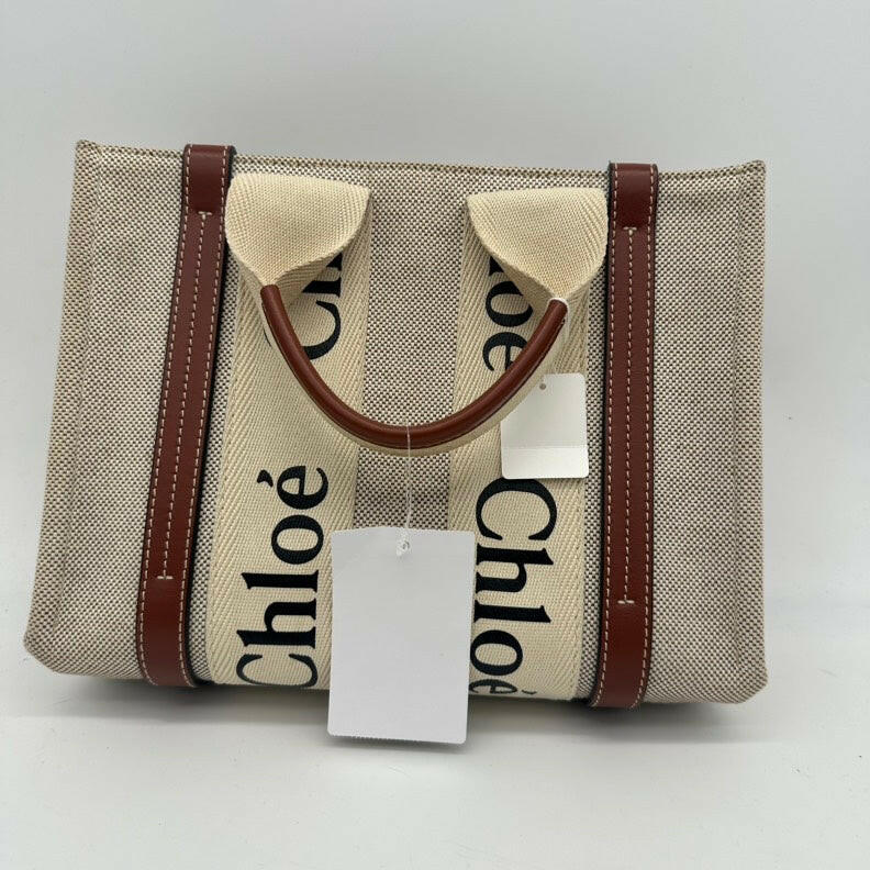 Chloe Woody Tote Bag Small Beige with Brown Leather Trim.