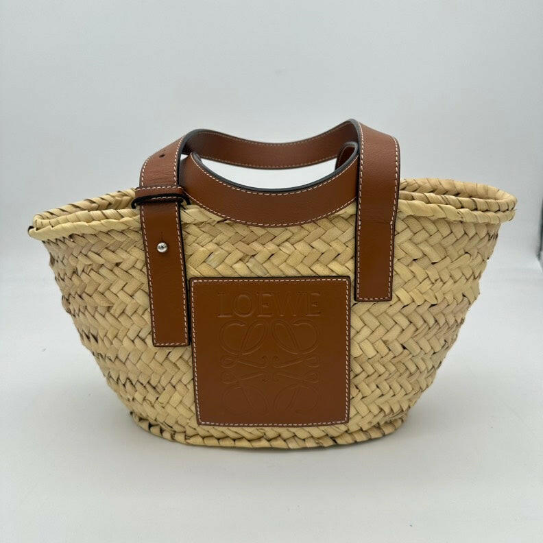 Loewe Straw Tote Bag Beige Medium Size with Tan Leather Straps.