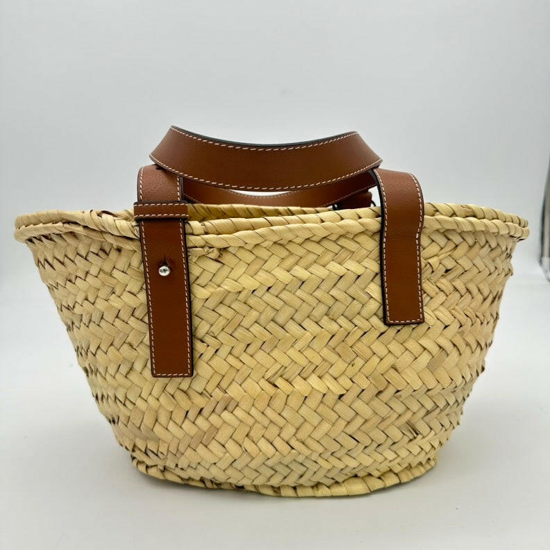 Loewe Straw Tote Bag Beige Medium Size with Tan Leather Straps.