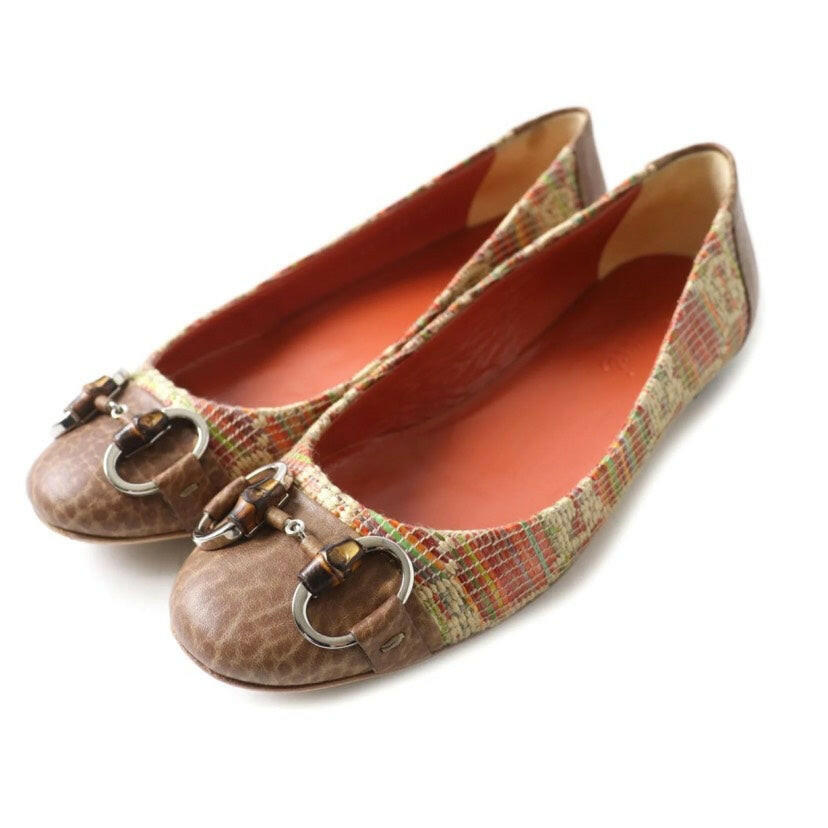 Gucci Women's Brown Canvas Ballet Flats with Horsebit Detail, Size 35.