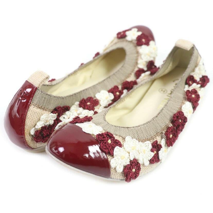 Chanel Beige/Bordeaux Floral Embellished Ballet Flat Shoes Size 36.