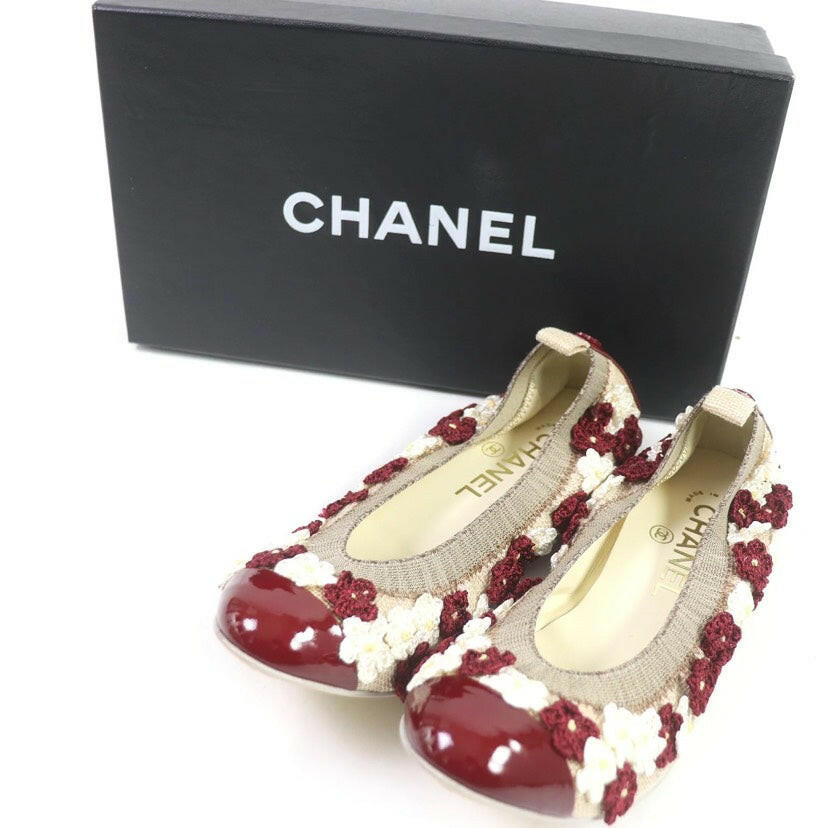 Chanel Beige/Bordeaux Floral Embellished Ballet Flat Shoes Size 36.