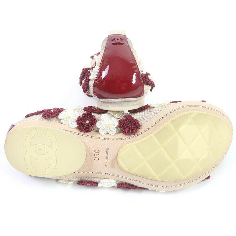 Chanel Beige/Bordeaux Floral Embellished Ballet Flat Shoes Size 36.