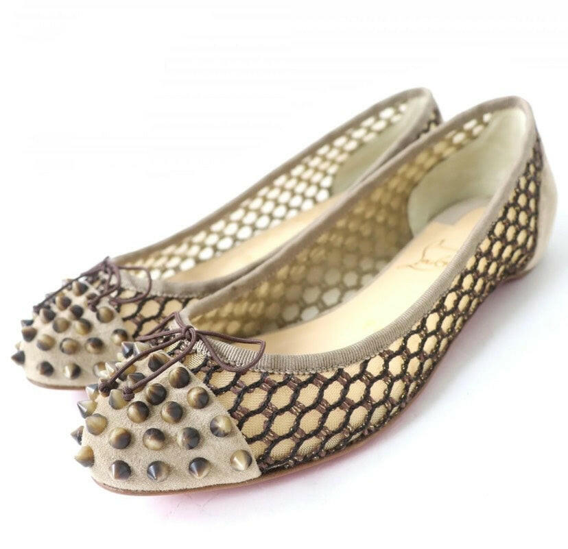 Christian Louboutin Mesh Spiked Flats Beige Size 36.5 Shoes.