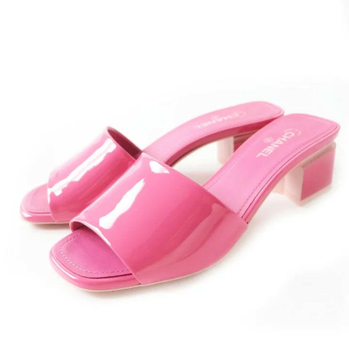 Chanel Pink Patent Calf CC Logo Slide Mule Block Heel Sandals Size 36C.