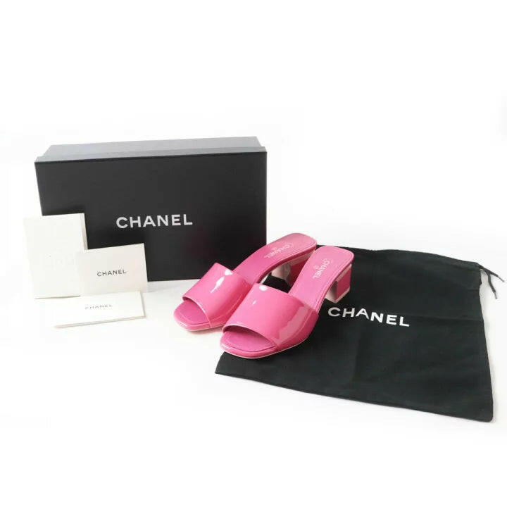 Chanel Pink Patent Calf CC Logo Slide Mule Block Heel Sandals Size 36C.