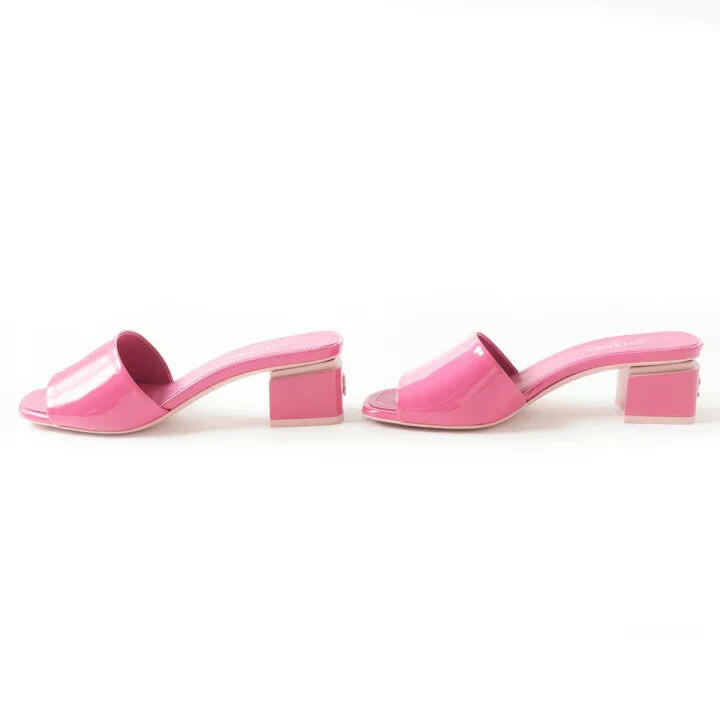 Chanel Pink Patent Calf CC Logo Slide Mule Block Heel Sandals Size 36C.