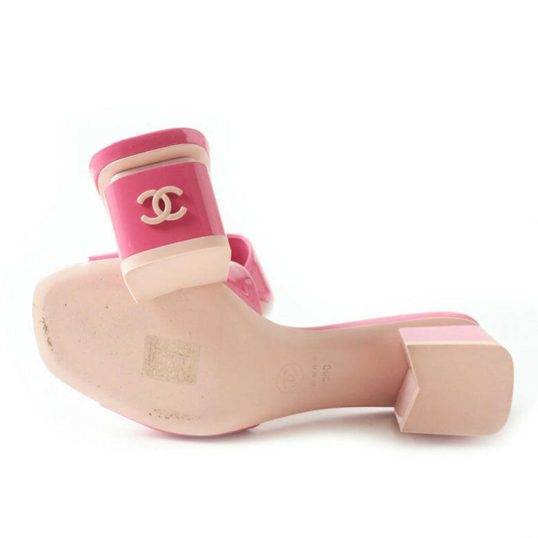 Chanel Pink Patent Calf CC Logo Slide Mule Block Heel Sandals Size 36C.