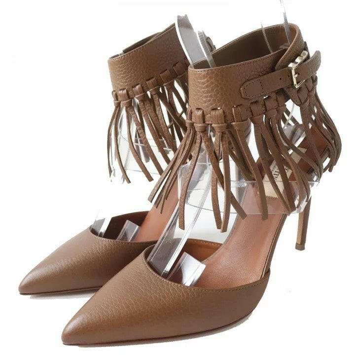 Valentino Brown Leather Ankle Strap High Heels with Fringe Size 37.