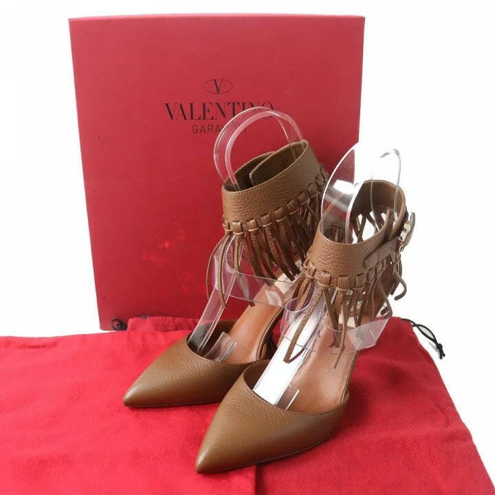 Valentino Brown Leather Ankle Strap High Heels with Fringe Size 37.