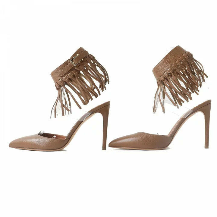 Valentino Brown Leather Ankle Strap High Heels with Fringe Size 37.