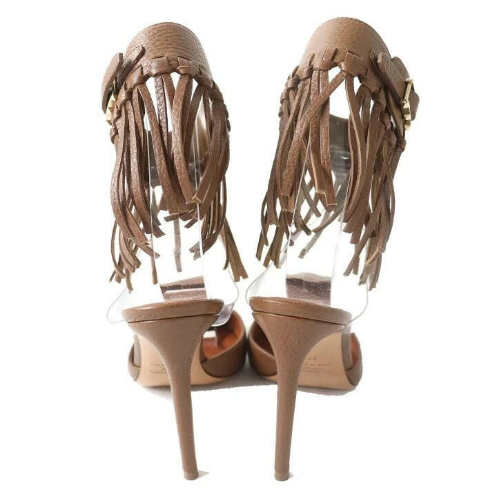 Valentino Brown Leather Ankle Strap High Heels with Fringe Size 37.