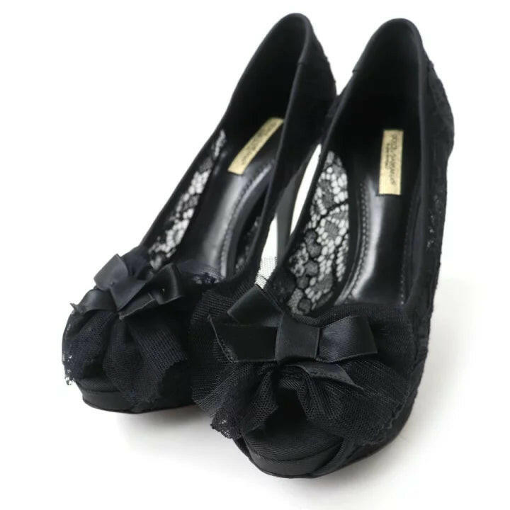 Dolce & Gabbana Black Lace Bow Peep Toe Shoes Size 36.