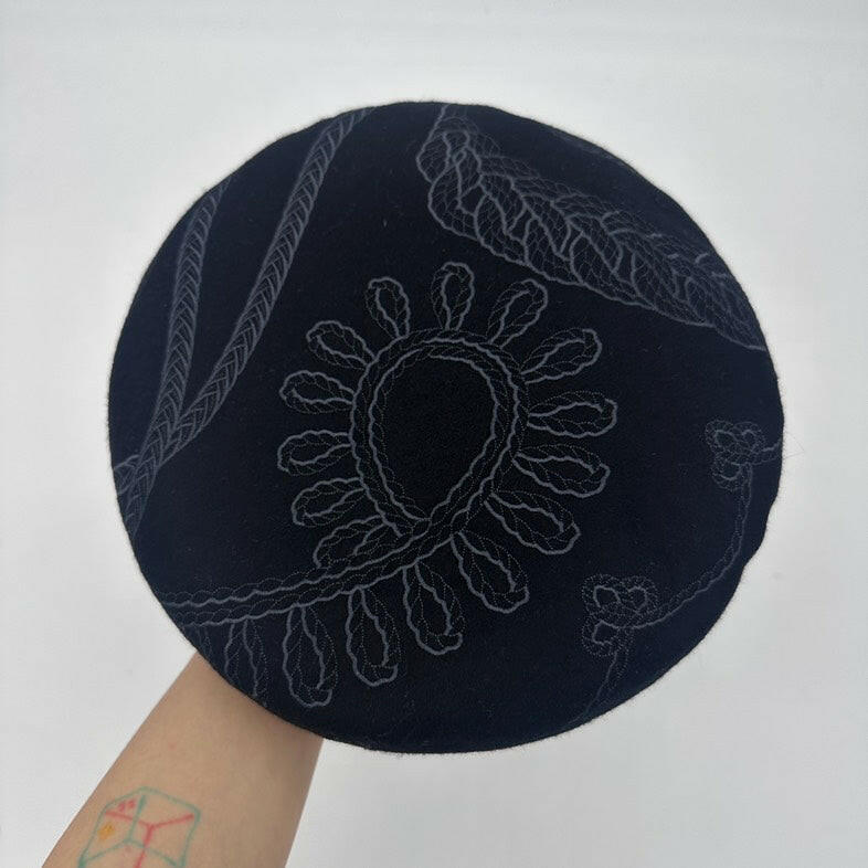 Hermes Black Embroidered Hat Size 57.