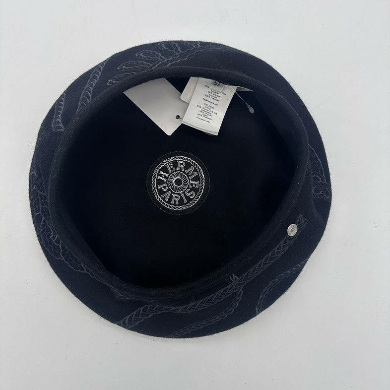 Hermes Black Embroidered Hat Size 57.