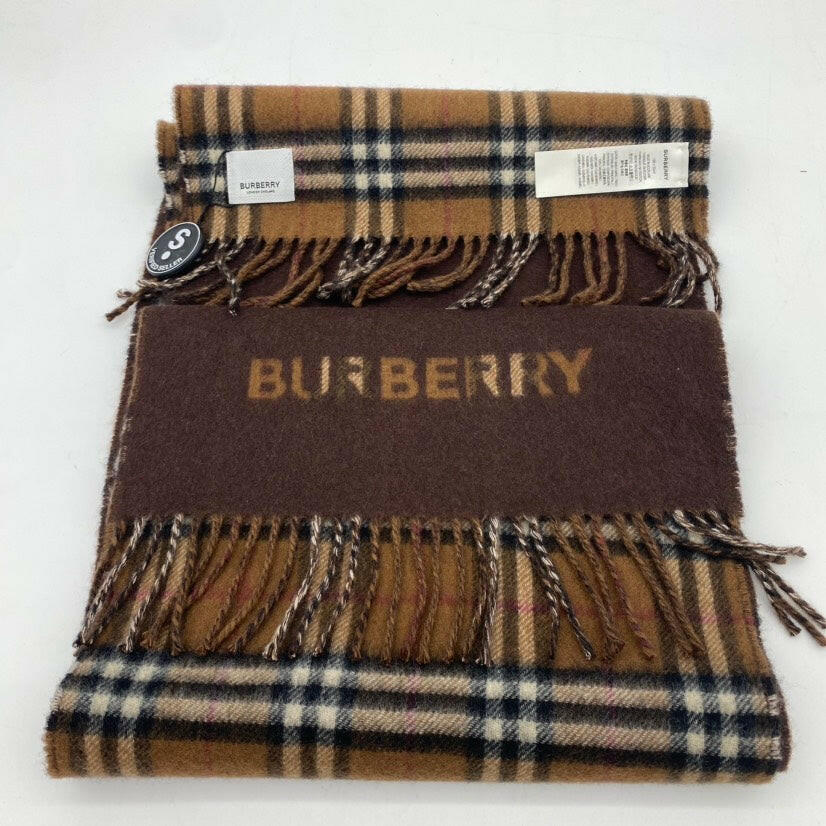 Burberry Check Cashmere Scarf in Camel Brown.