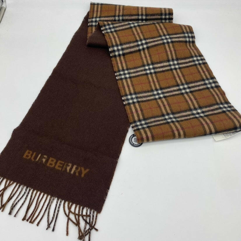 Burberry Check Cashmere Scarf in Camel Brown.