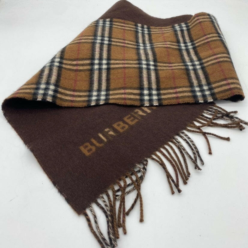 Burberry Check Cashmere Scarf in Camel Brown.