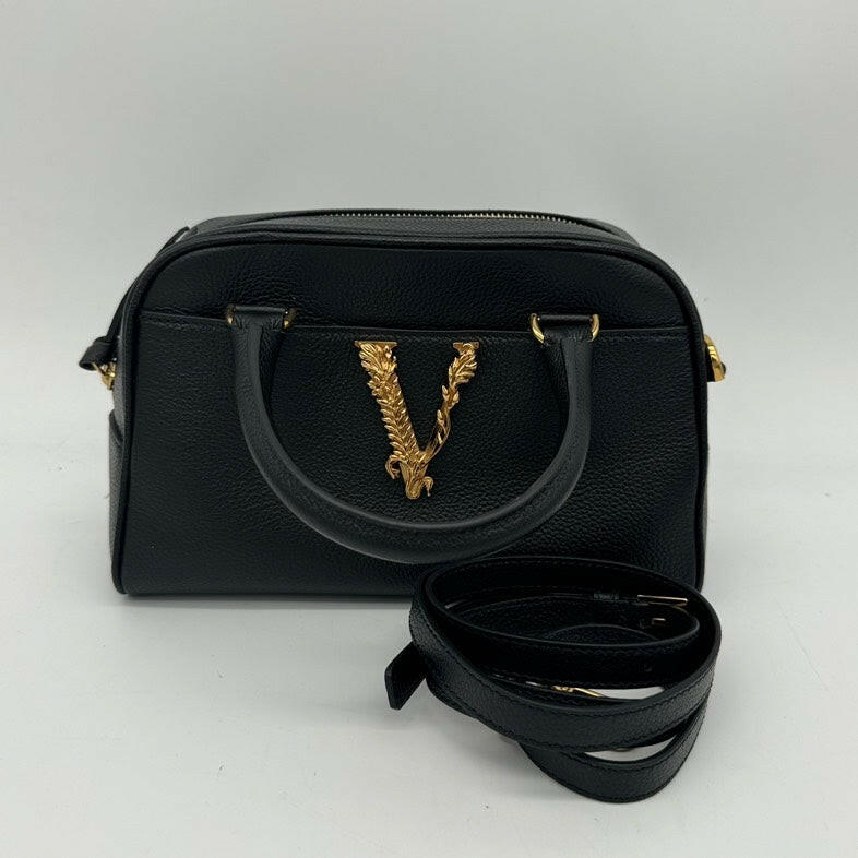 Versace Black Leather Crossbody Bag with Gold V Accent, Medium Size, Designer Handbag.