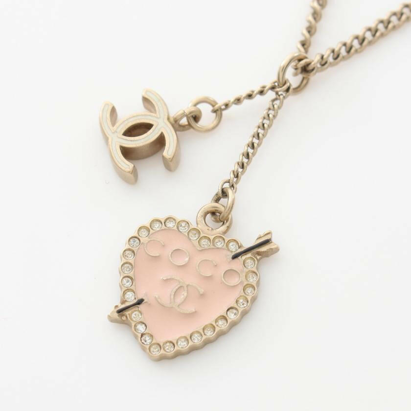 Chanel Coco Mark Heart Necklace Rhinestone Gold Light Pink Clear.