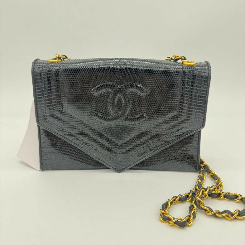 Chanel Black Lizard Embossed Chain Shoulder Bag with Gold Hardware, Medium Size.