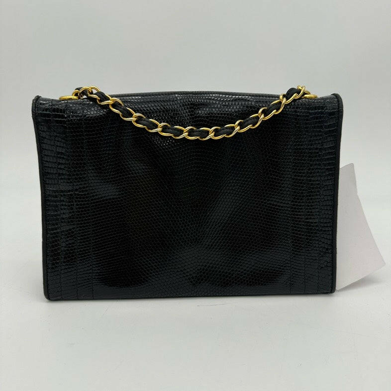 Chanel Black Lizard Embossed Chain Shoulder Bag with Gold Hardware, Medium Size.